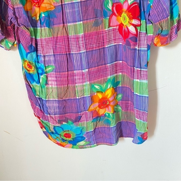 JAMS WORLD Hawaiian Shirt 80s Pop Art Bold Floral Colorful Plaid Print Large - Picture 7 of 11